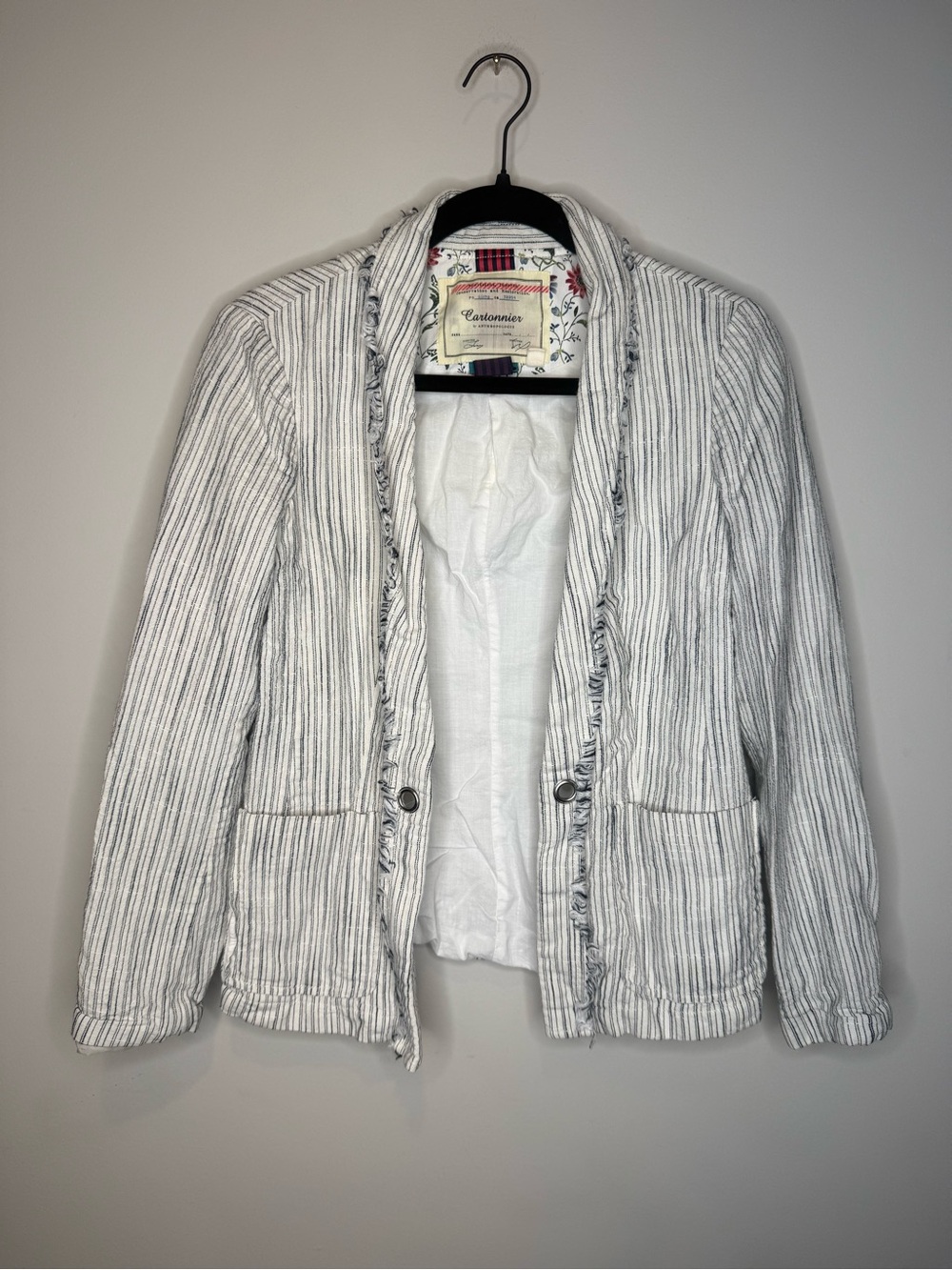 Anthropologie Cartonnier Striped Fringe Trim Blazer Jacket Size 10